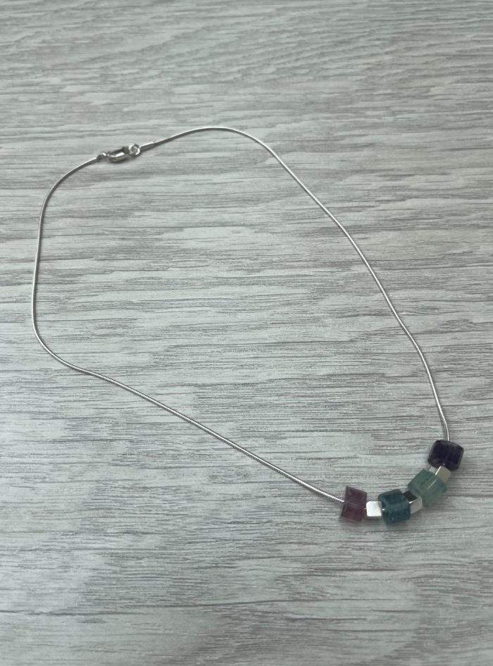 Rainbow Fluorite & Sterling Cube Necklace